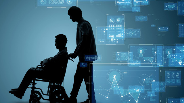 AIのイメージを背景にした介護士と車椅子に乗ったご利用者さまのイメージ